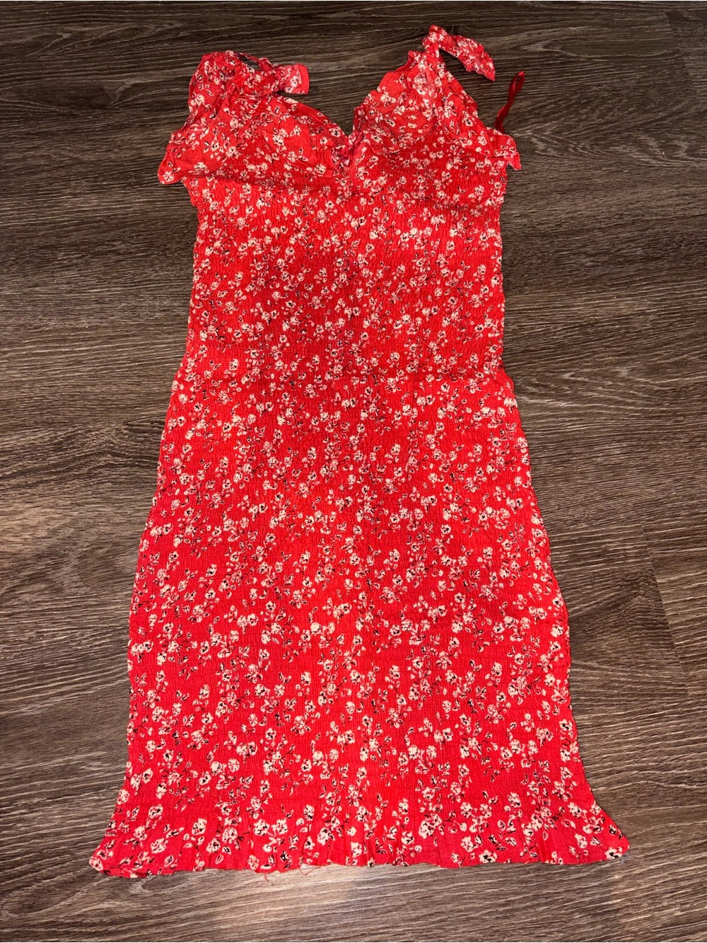Joyous Red Ditsy Floral Smocked Mini Dress- Small